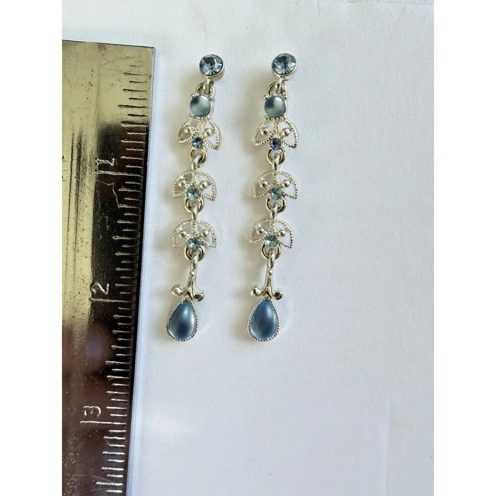 Vintage Blue Crystal Dangle Earrings Silver Tone Filigree Tiered Drop Victorian